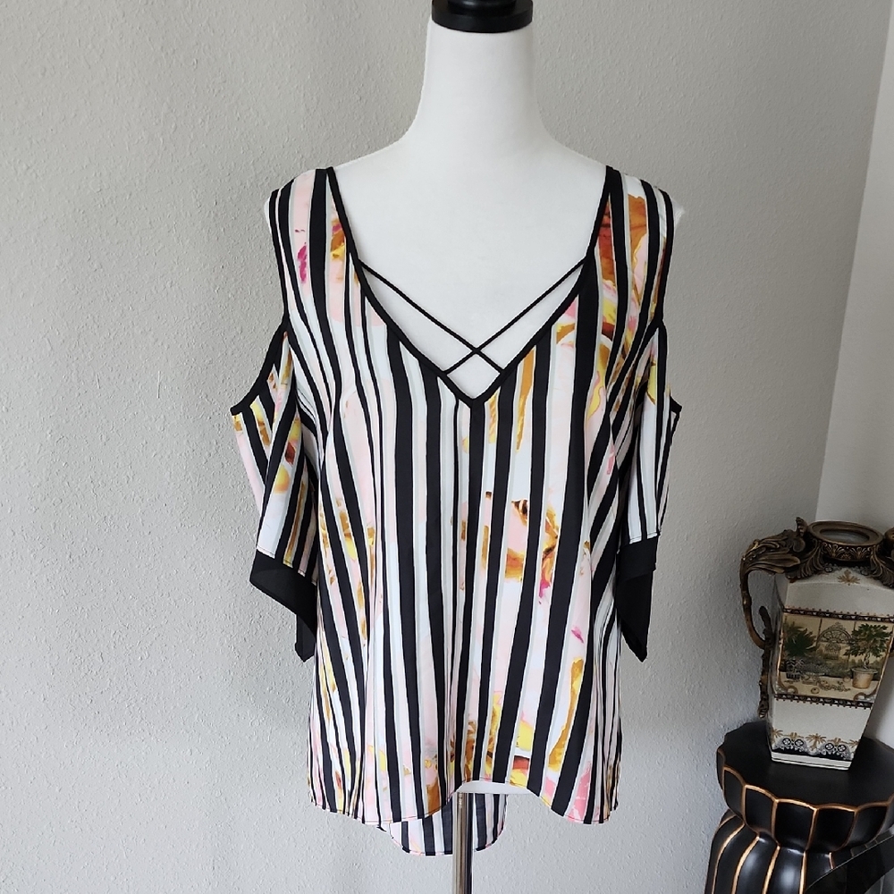 Bisou Bisou V-Neck Cold Shoulder Short Sleeve Striped Floral Hi-Lo Blouse